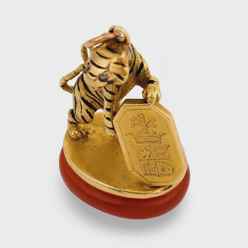 Victorian French 18k Carnelian, Diamond, & Enamel Tiger Fob