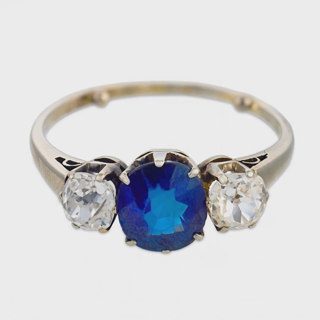 Load video: Art Deco 18k Sapphire &amp; Diamond Three Stone Ring