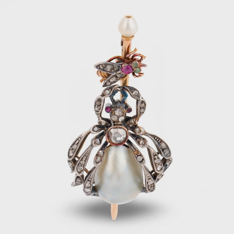 Victorian 18k/Sterling Silver Pearl, Diamond, & Ruby Spider & Fly-Motif Pendant
