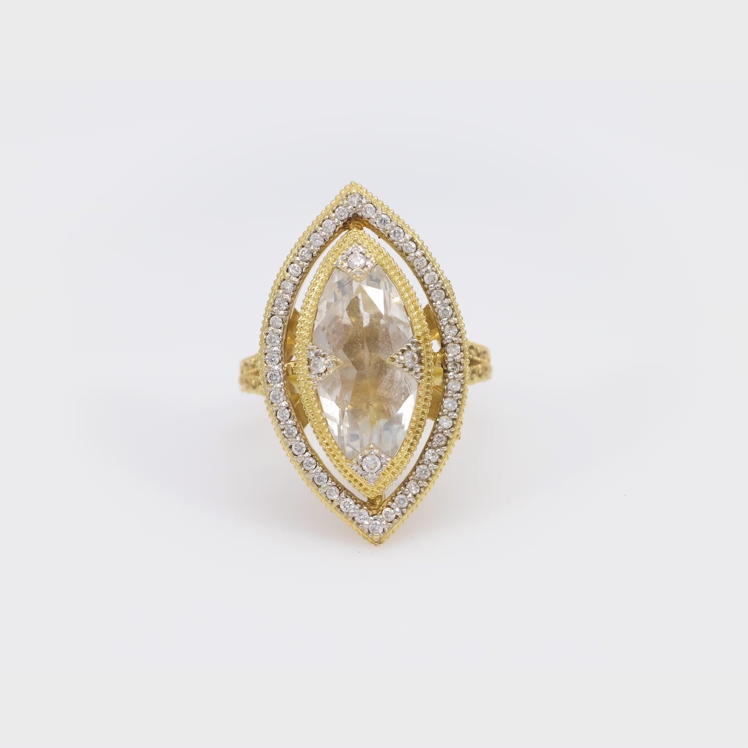 JUDE FRANCES Estate 18k White Topaz and Diamond Navette Ring