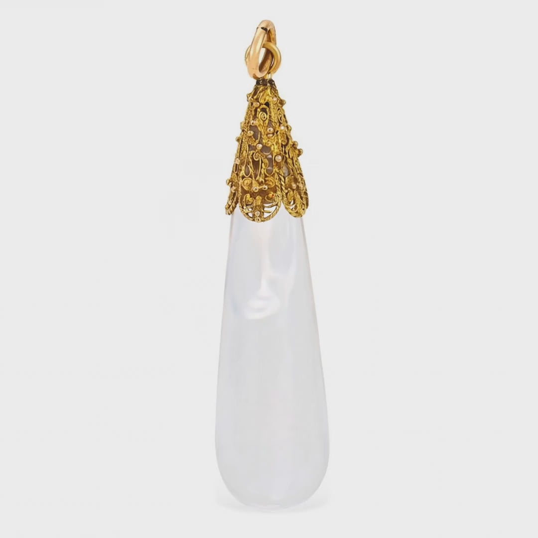 Load video: Victorian 18k Rock Quartz Crystal Drop Pendant