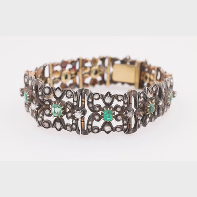 Regency Russian 14k Gold/Sterling Silver Emerald & Diamond Line Bracelet