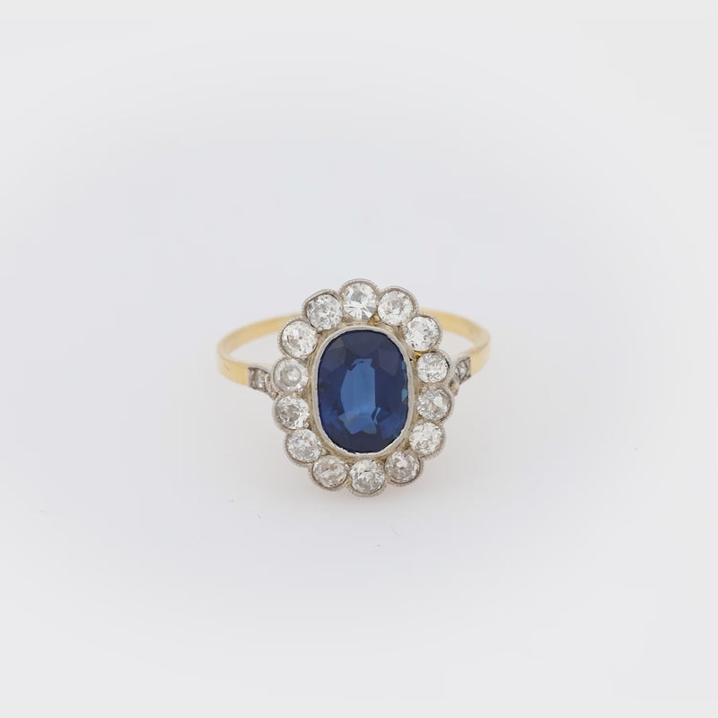 Art Deco 14k/Platinum Sapphire & Diamond Halo Ring