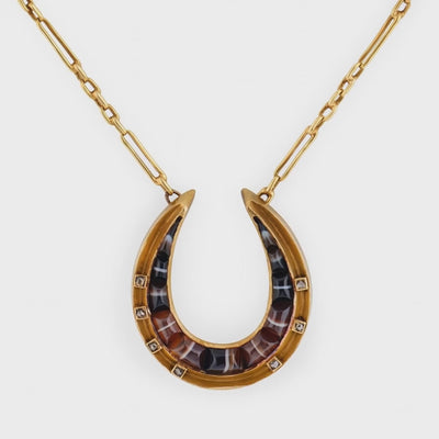 Victorian 18k/14k Agate & Diamond Horseshoe Pendant Necklace