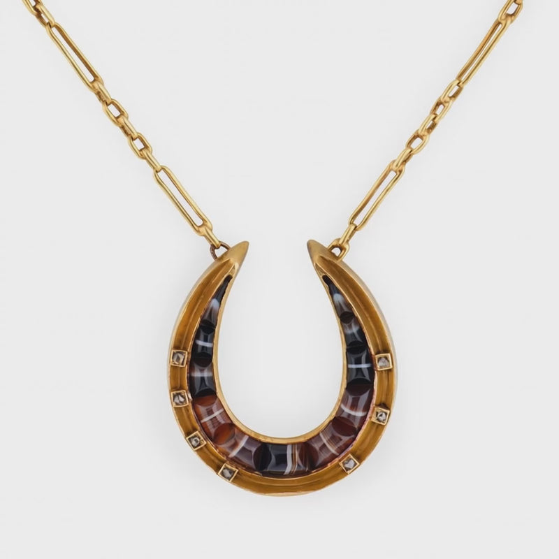 Victorian 18k/14k Agate & Diamond Horseshoe Pendant Necklace