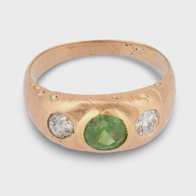 Art Nouveau 14k Demantoid Garnet & Diamond Three Stone Ring