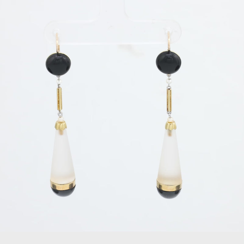 Victorian 14k Rock Quartz Crystal Onyx and Seed Pearl Drop Earrings