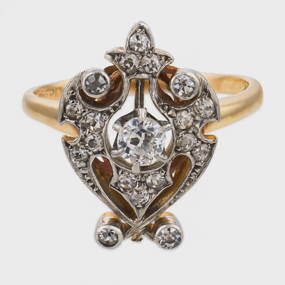 Load video: Edwardian 18k/Platinum Diamond Urn-Motif Ring