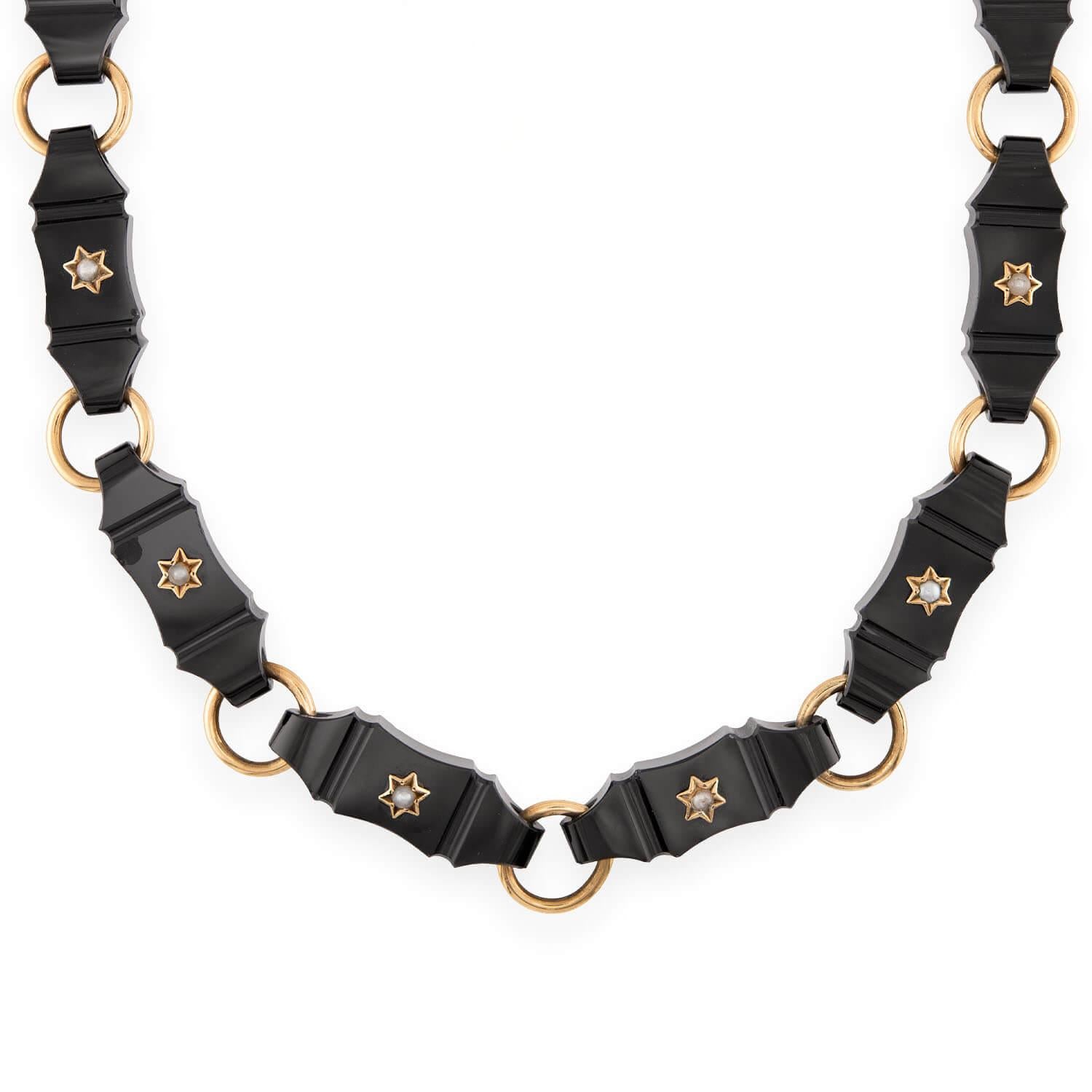 Art Deco 14k Onyx & Pearl Link Necklace