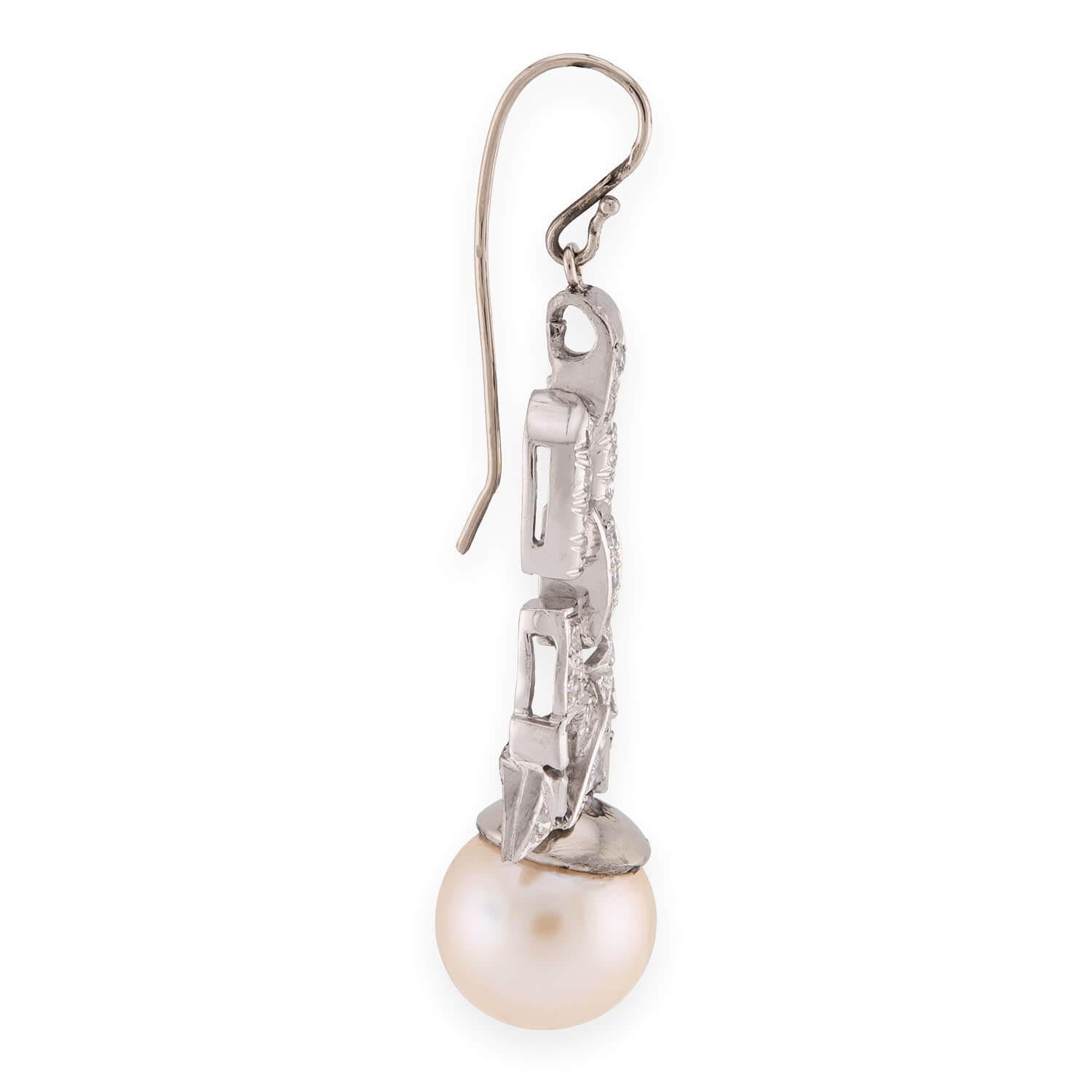 Retro Platinum Diamond & Pearl Drop Earrings