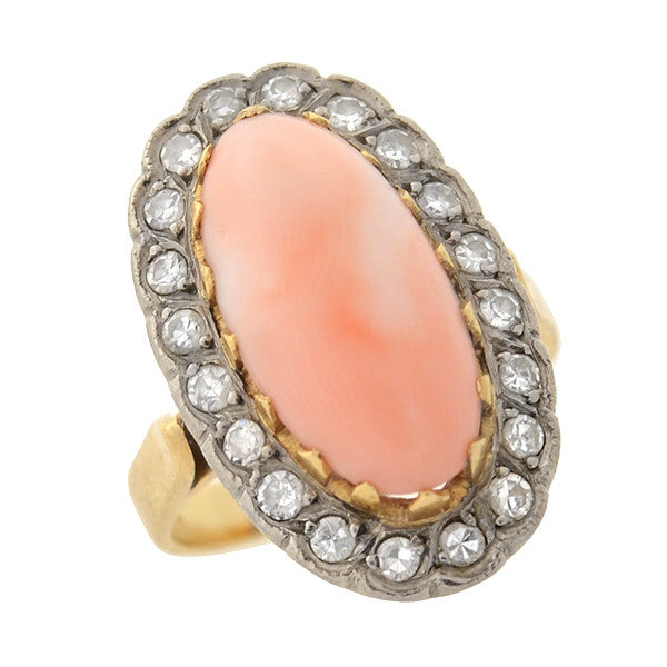 Art Deco 18kt Angel Skin Coral Diamond Cluster Ring