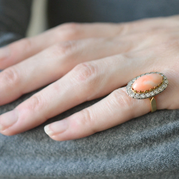 Art Deco 18kt Angel Skin Coral Diamond Cluster Ring