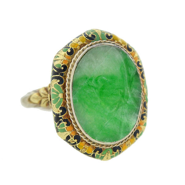 Art Deco 14kt Carved Jadeite & Enamel Ring