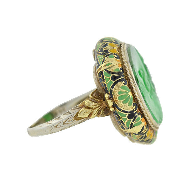 Art Deco 14kt Carved Jadeite & Enamel Ring