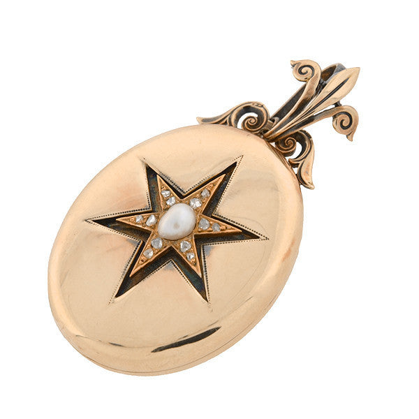 Victorian 15kt Diamond & Pearl Starburst Locket