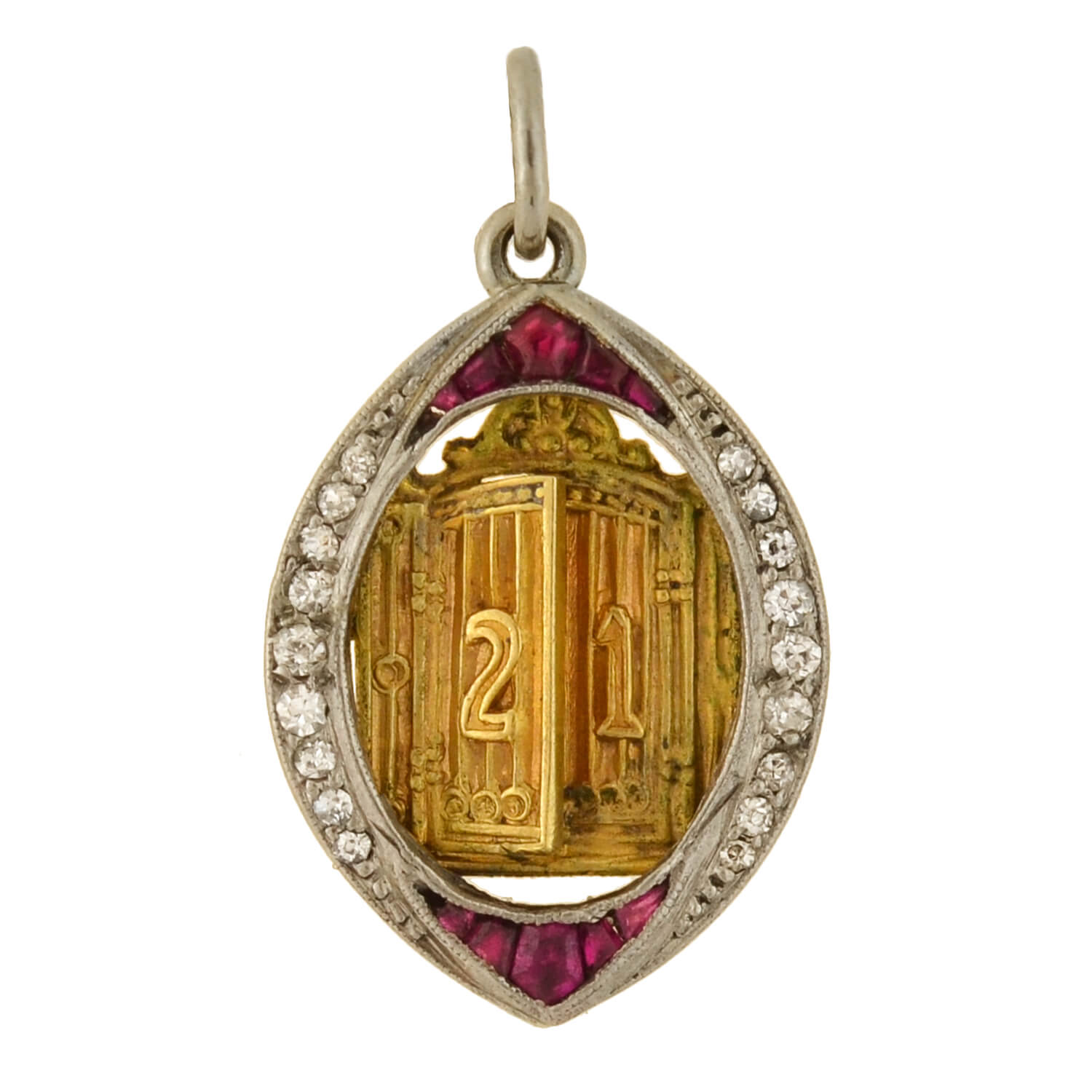 Edwardian Platinum/14kt Ruby + Diamond "21" Golden Door Charm Pendant