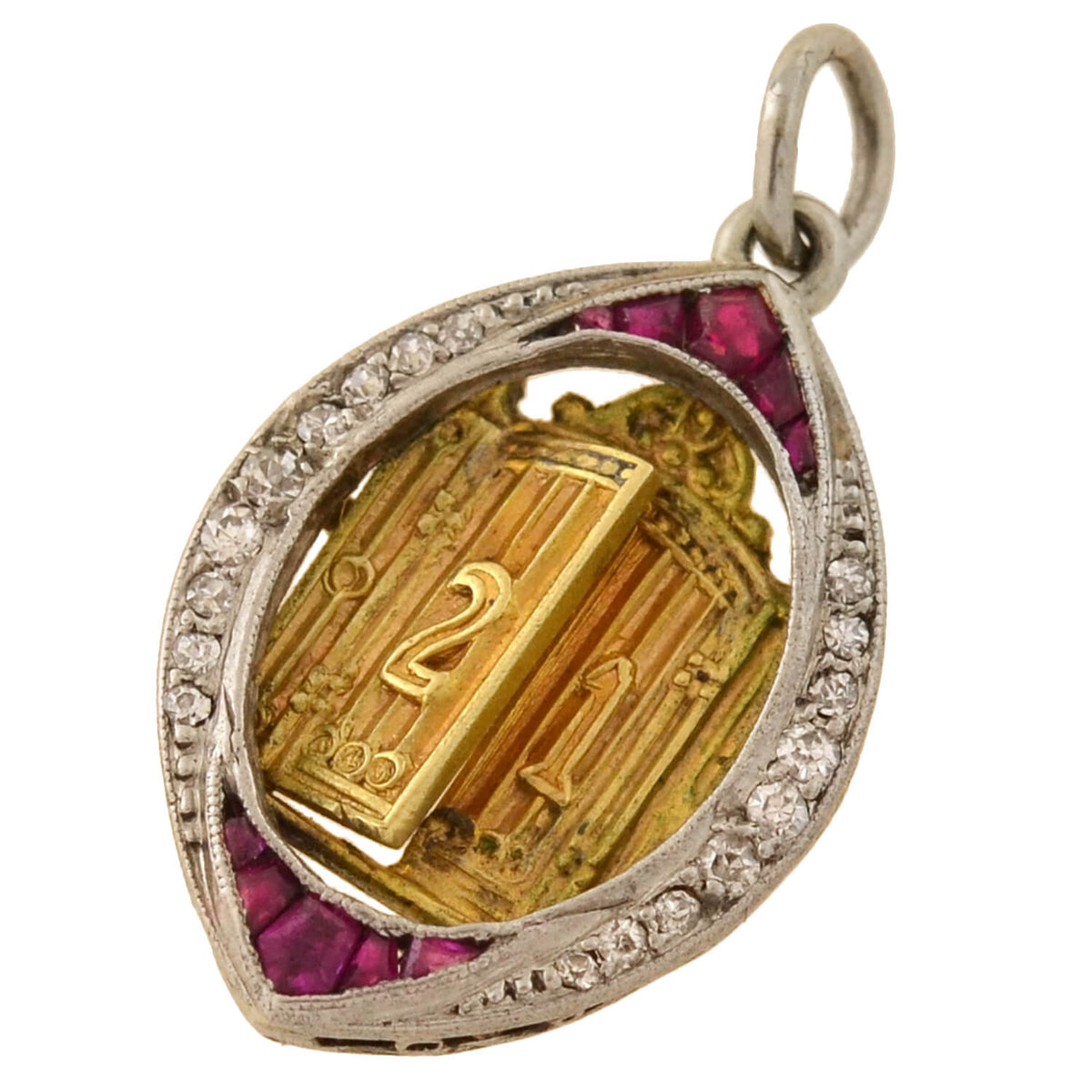 Edwardian Platinum/14kt Ruby + Diamond "21" Golden Door Charm Pendant