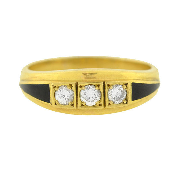 Art Deco French 18kt Diamond Enamel 3-Stone Ring