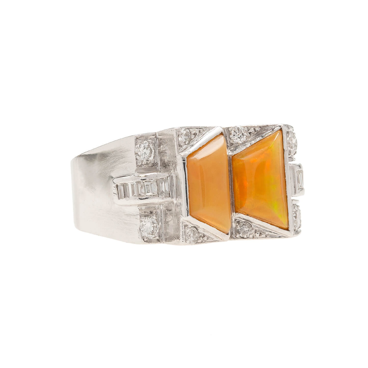 Retro Platinum Fire Opal + Diamond Ring