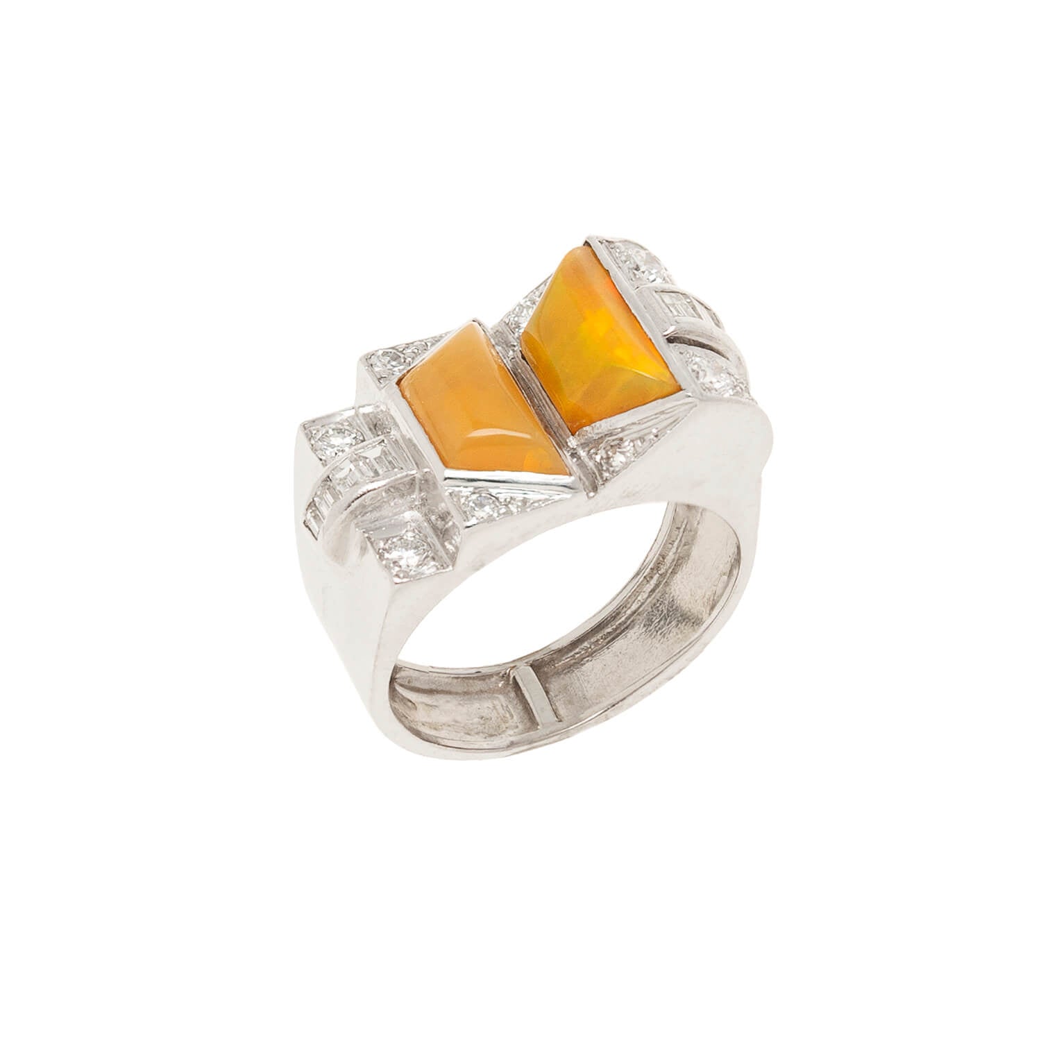 Retro Platinum Fire Opal + Diamond Ring