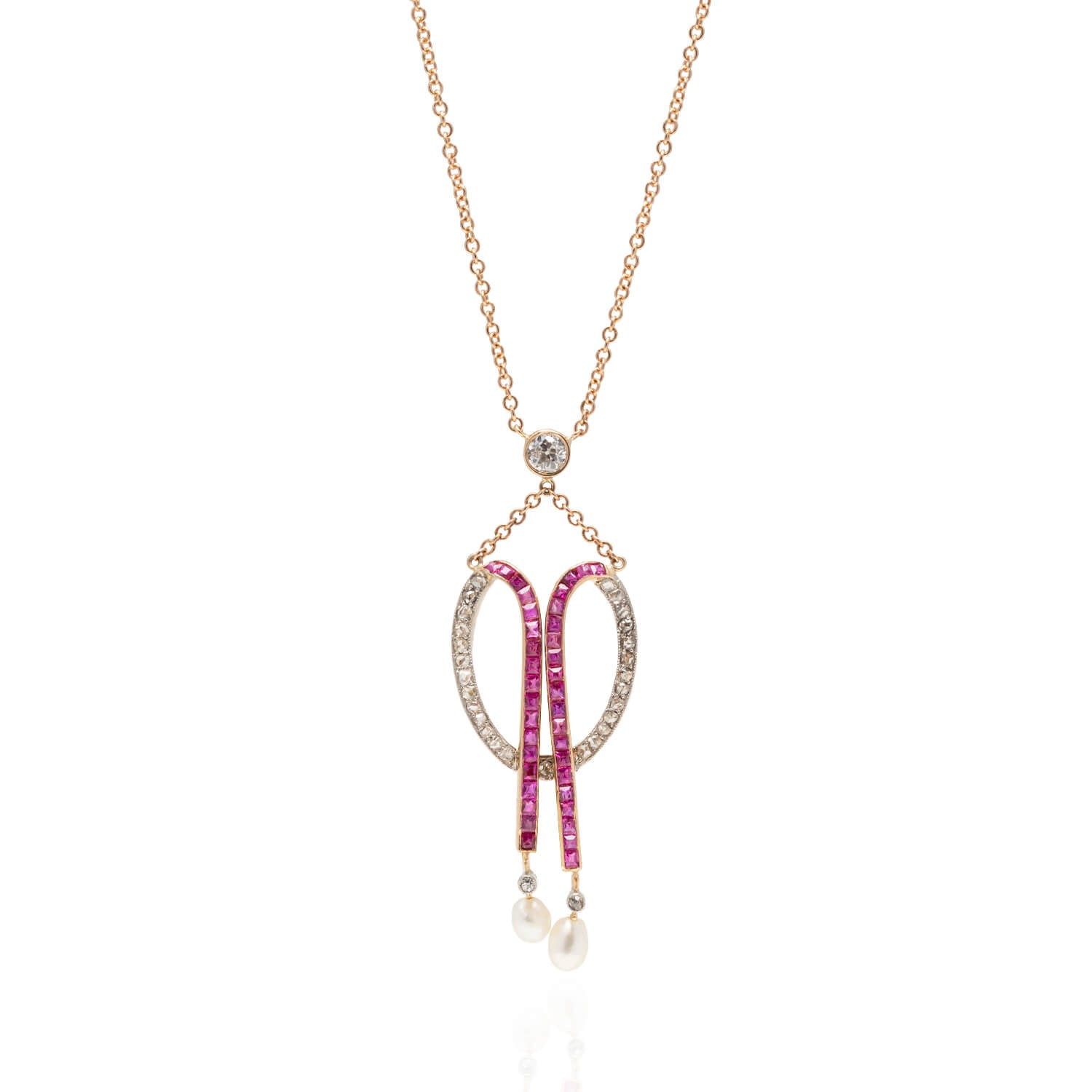 Edwardian 18kt/Platinum Diamond, Calibrated Ruby + Natural Pearl Necklace