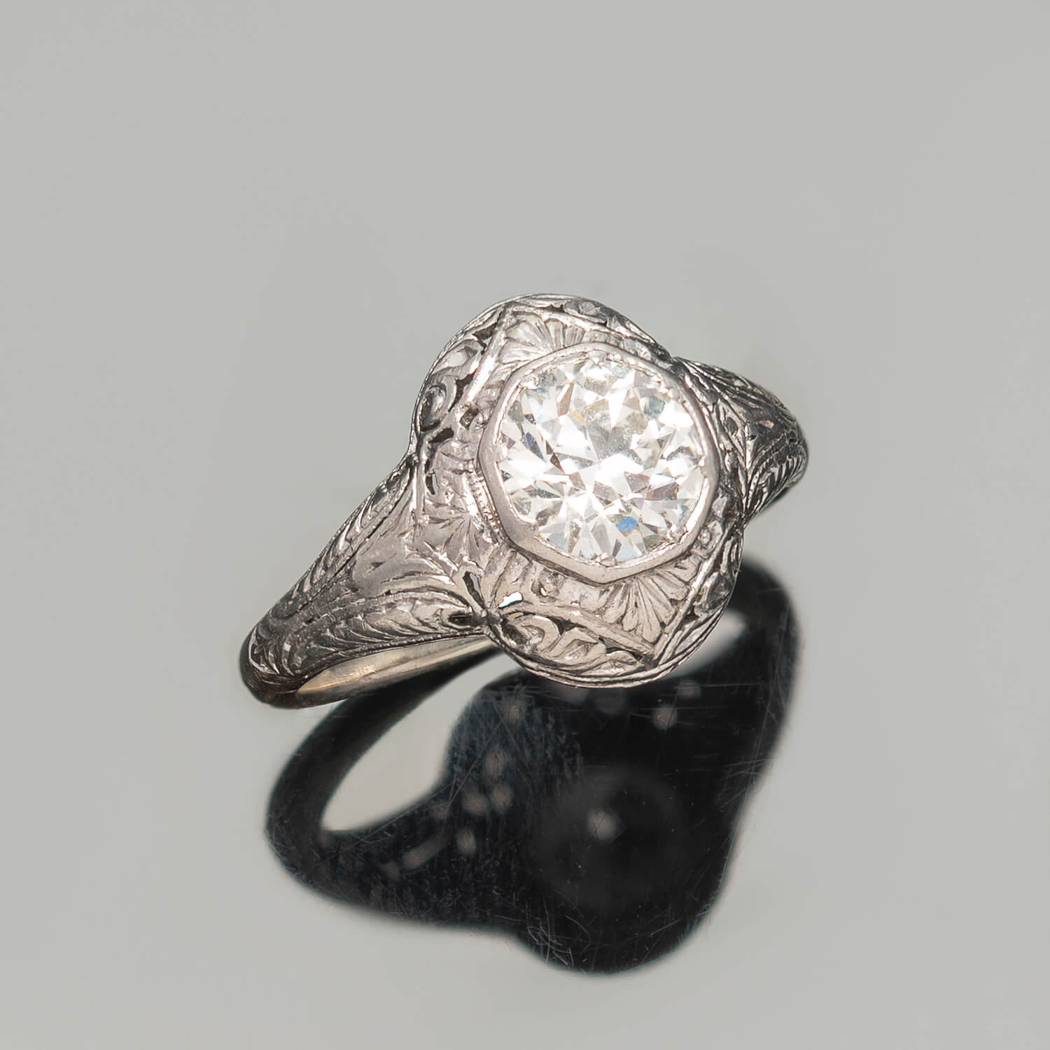 Edwardian 14kt White Gold + Old European Cut Diamond Engagement Ring 1.18ctw