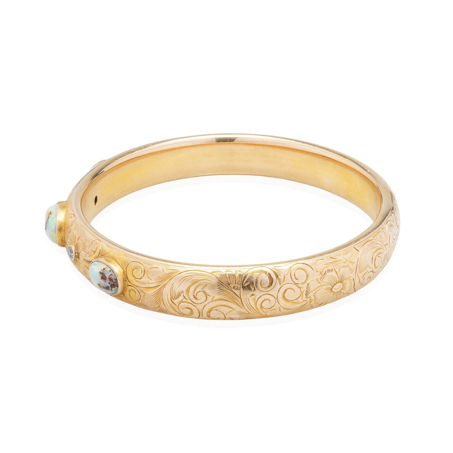 Art Nouveau 14kt Boulder Opal + Diamond Bangle Bracelet