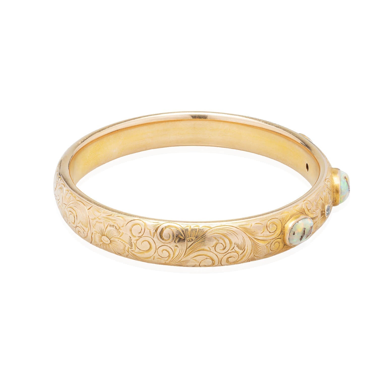 Art Nouveau 14kt Boulder Opal + Diamond Bangle Bracelet