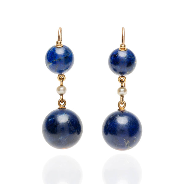 Victorian 18kt, Pearl, Enamel + Carved Lapis Lazuli Earrings, Pendant + Button Set