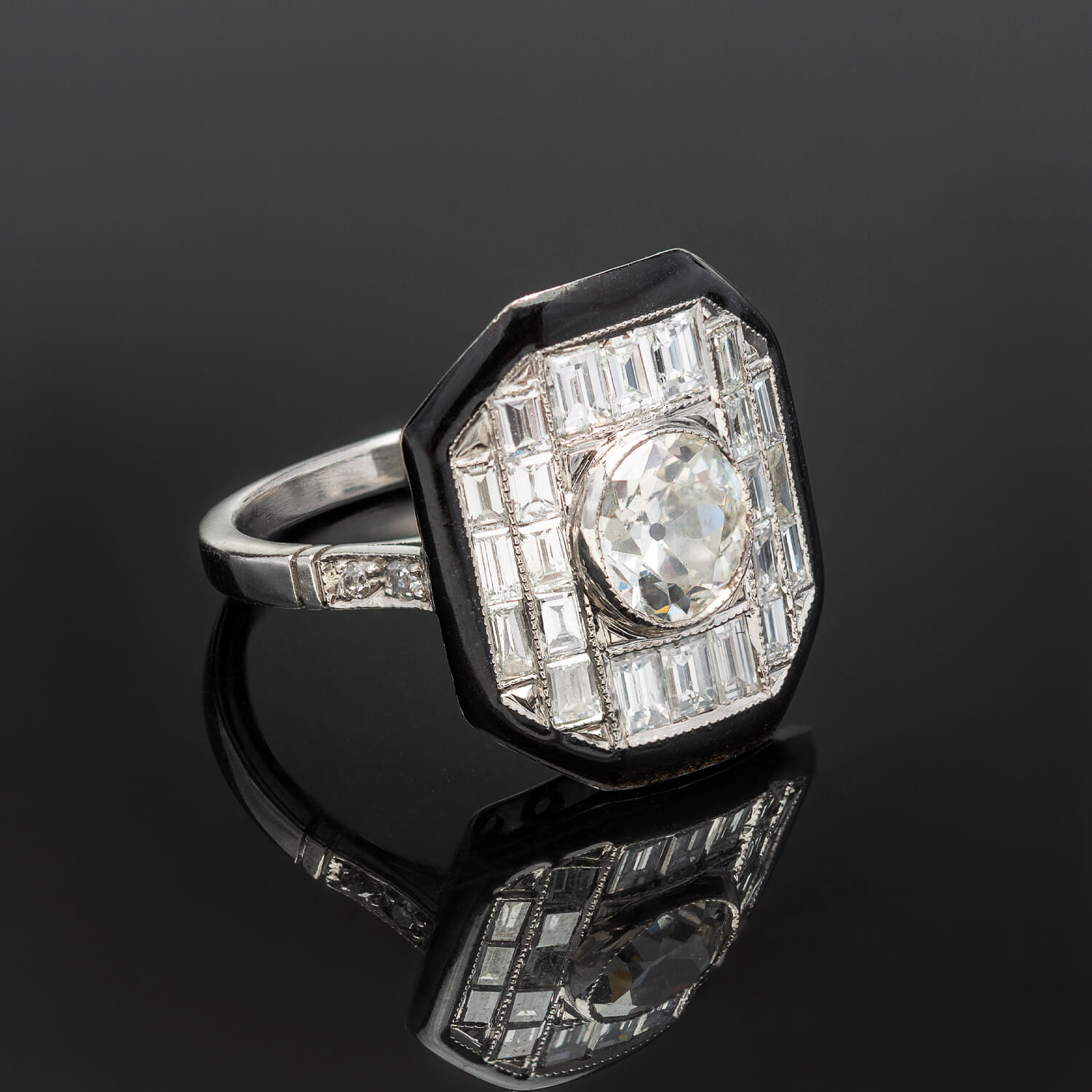 Art Deco Style Platinum, Enamel + Diamond Ring 1ctw Center