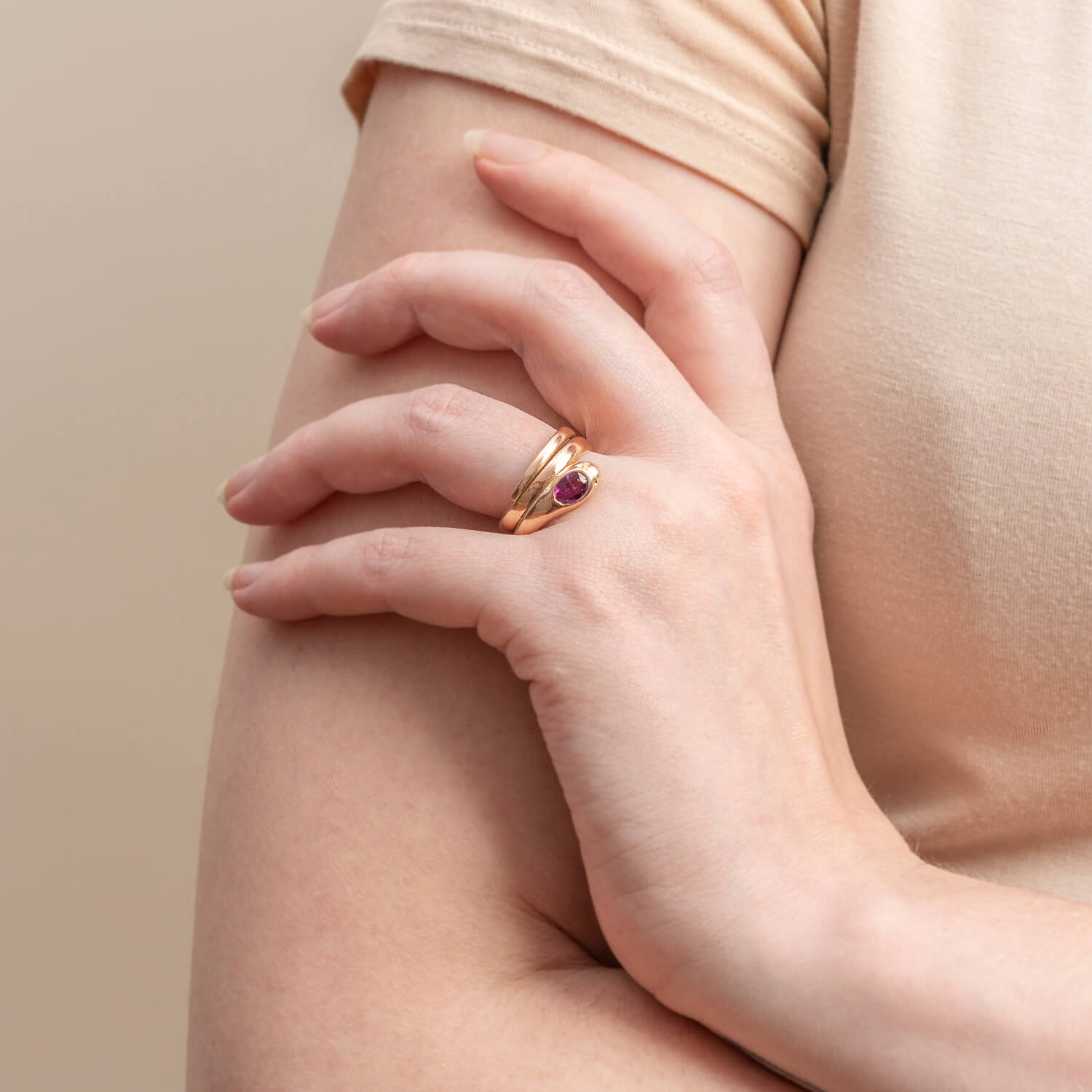 Victorian 14kt Rose Gold + Ruby Snake Ring 0.85ctw