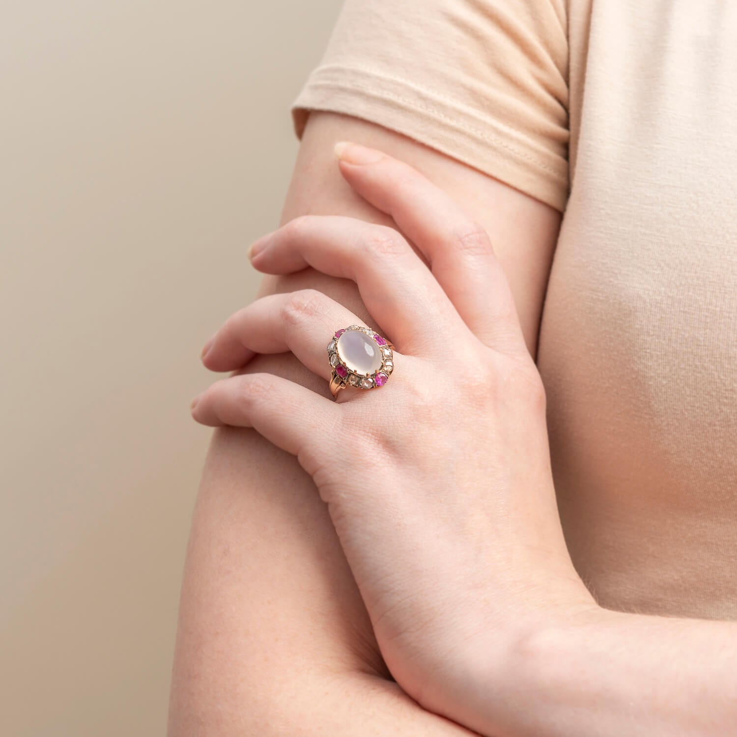 Victorian 18kt/Sterling Moonstone, Ruby + Rose Cut Diamond Cluster Ring