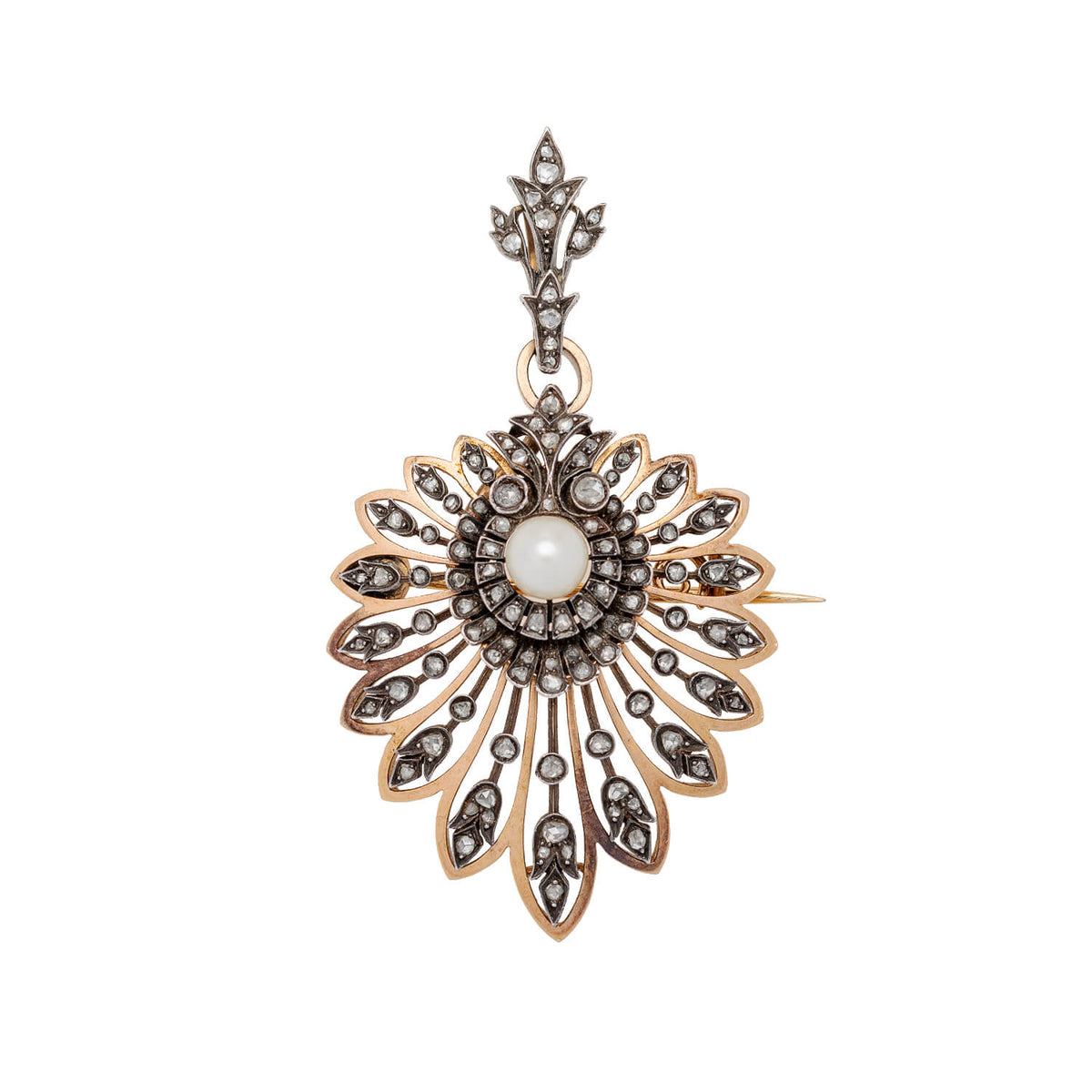 Victorian 18kt Rose Gold/Sterling, Rose Cut Diamond + Pearl Pin/Pendant