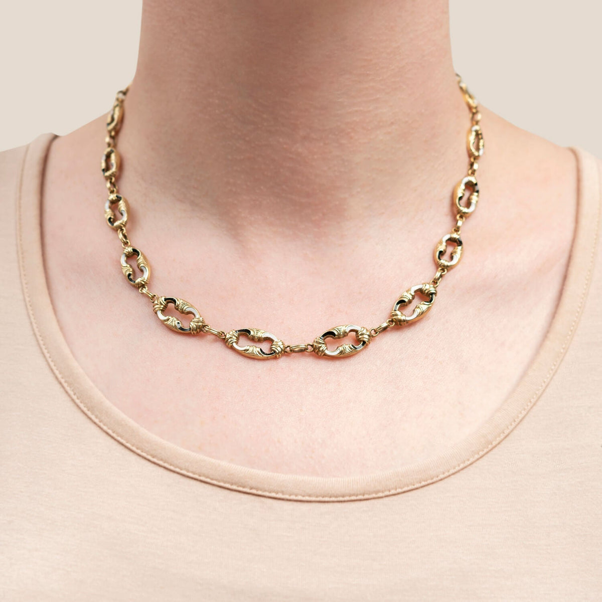 Edwardian 14kt Swiss Enamel Open Link Chain Necklace 17.5"