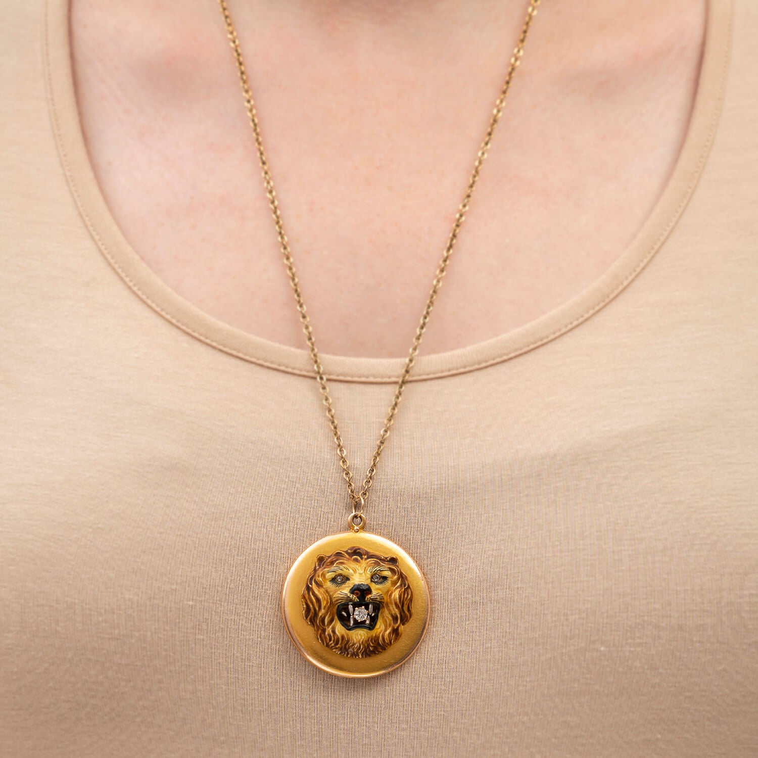 Victorian 14kt Diamond & Enamel Lion Locket