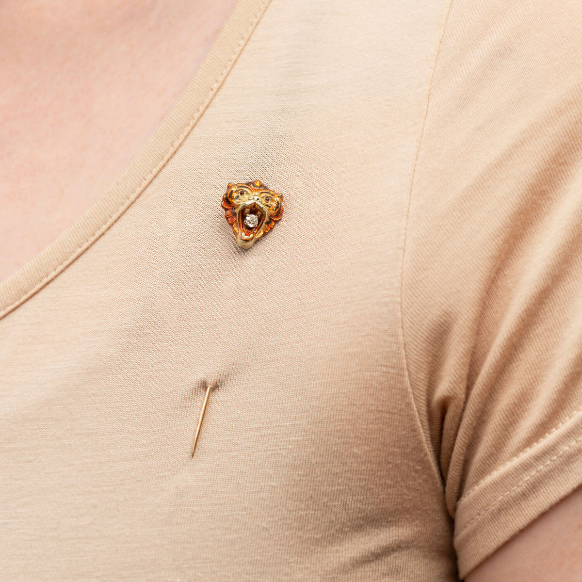 Victorian 14kt Diamond + Enamel Tiger Stick Pin