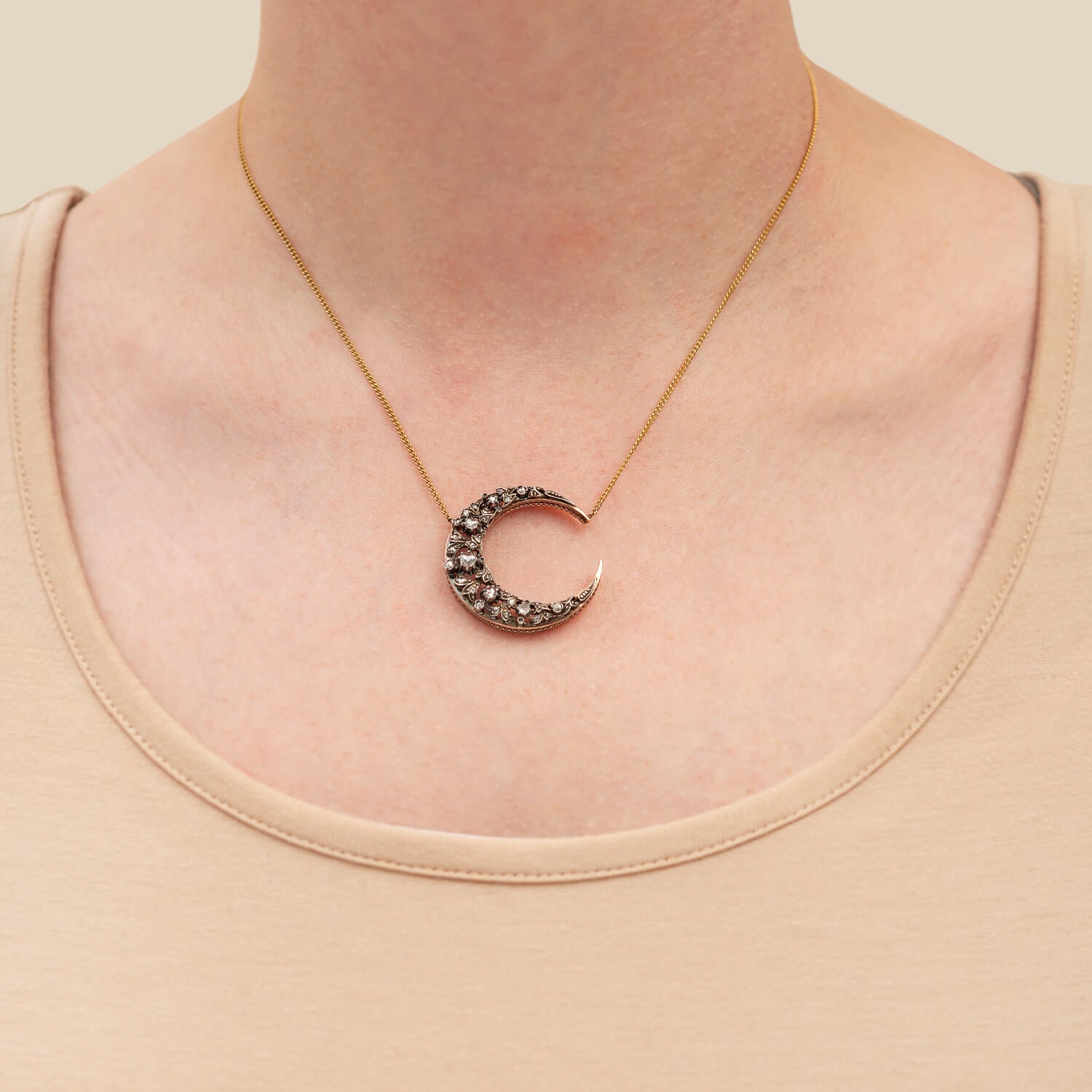 Victorian 18k + Sterling Topped Diamond Crescent Moon Necklace