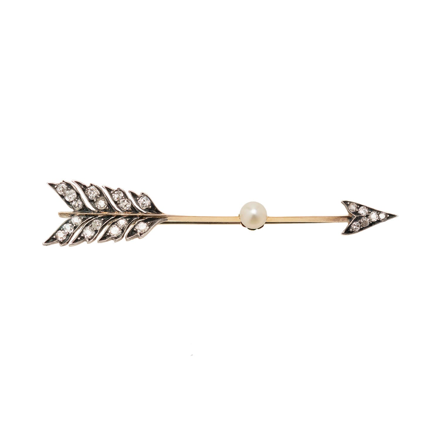 Victorian Silver-Topped 15k Pearl + Diamond Arrow Pin