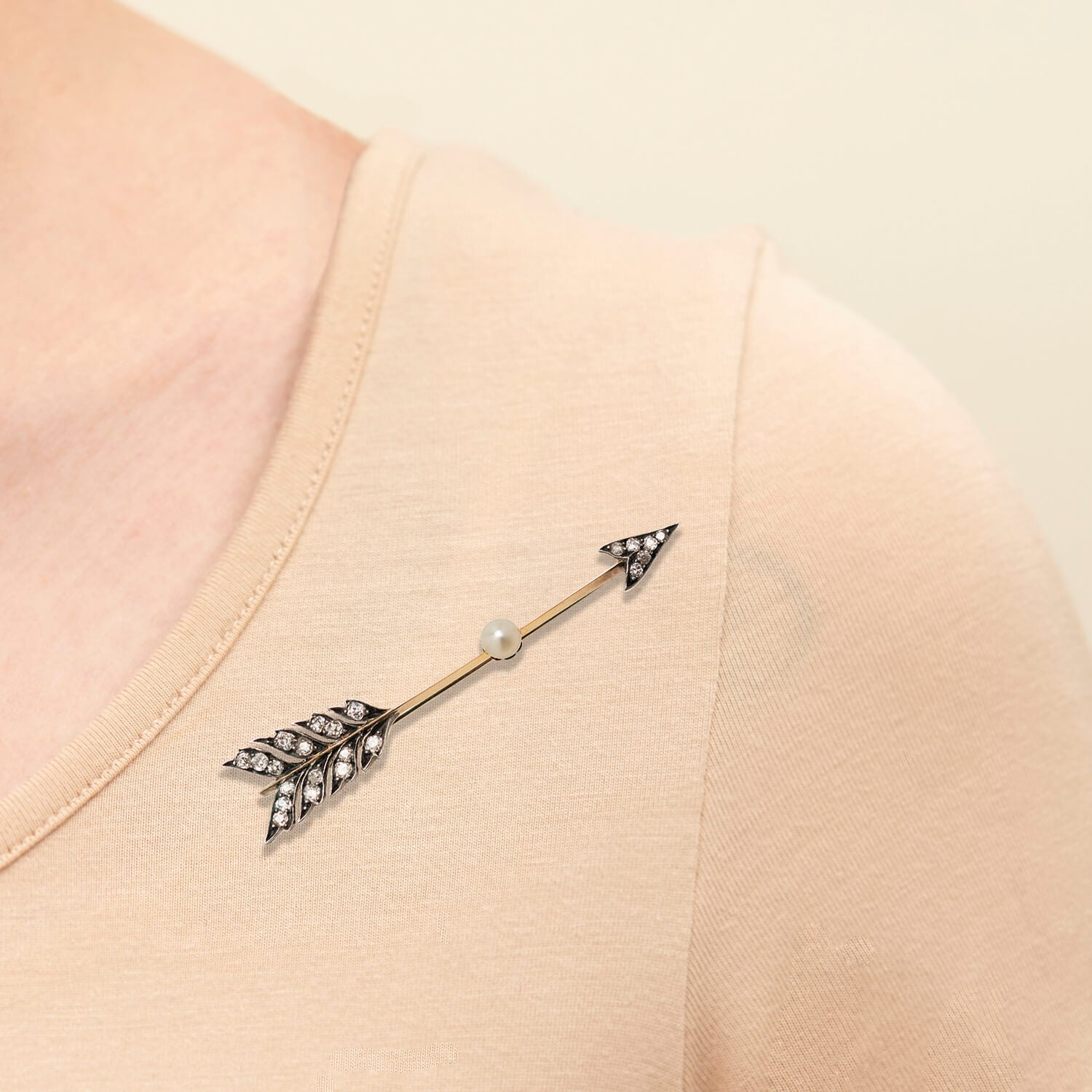 Victorian Silver-Topped 15k Pearl + Diamond Arrow Pin