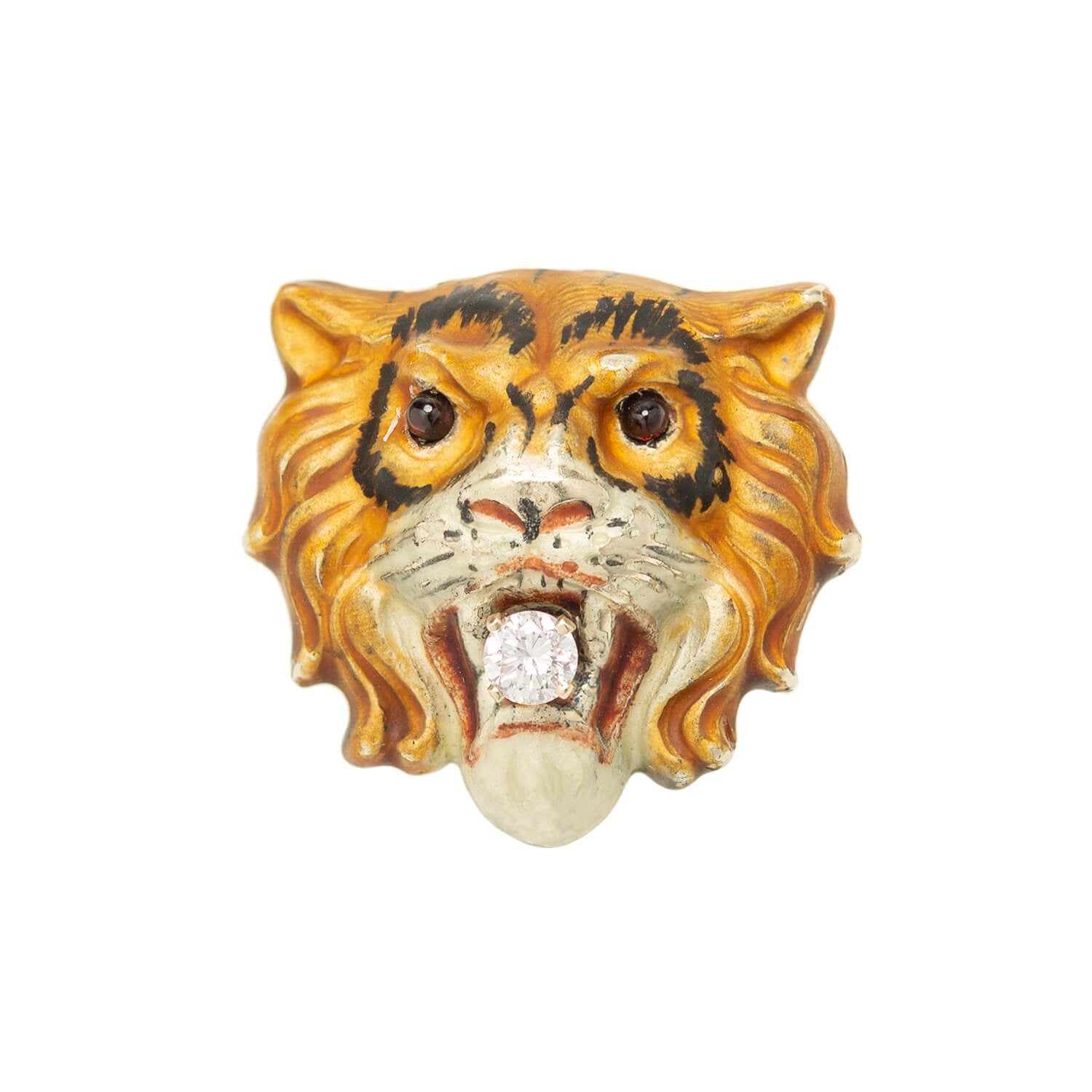 Victorian 14k Diamond + Enamel Tiger Pendant