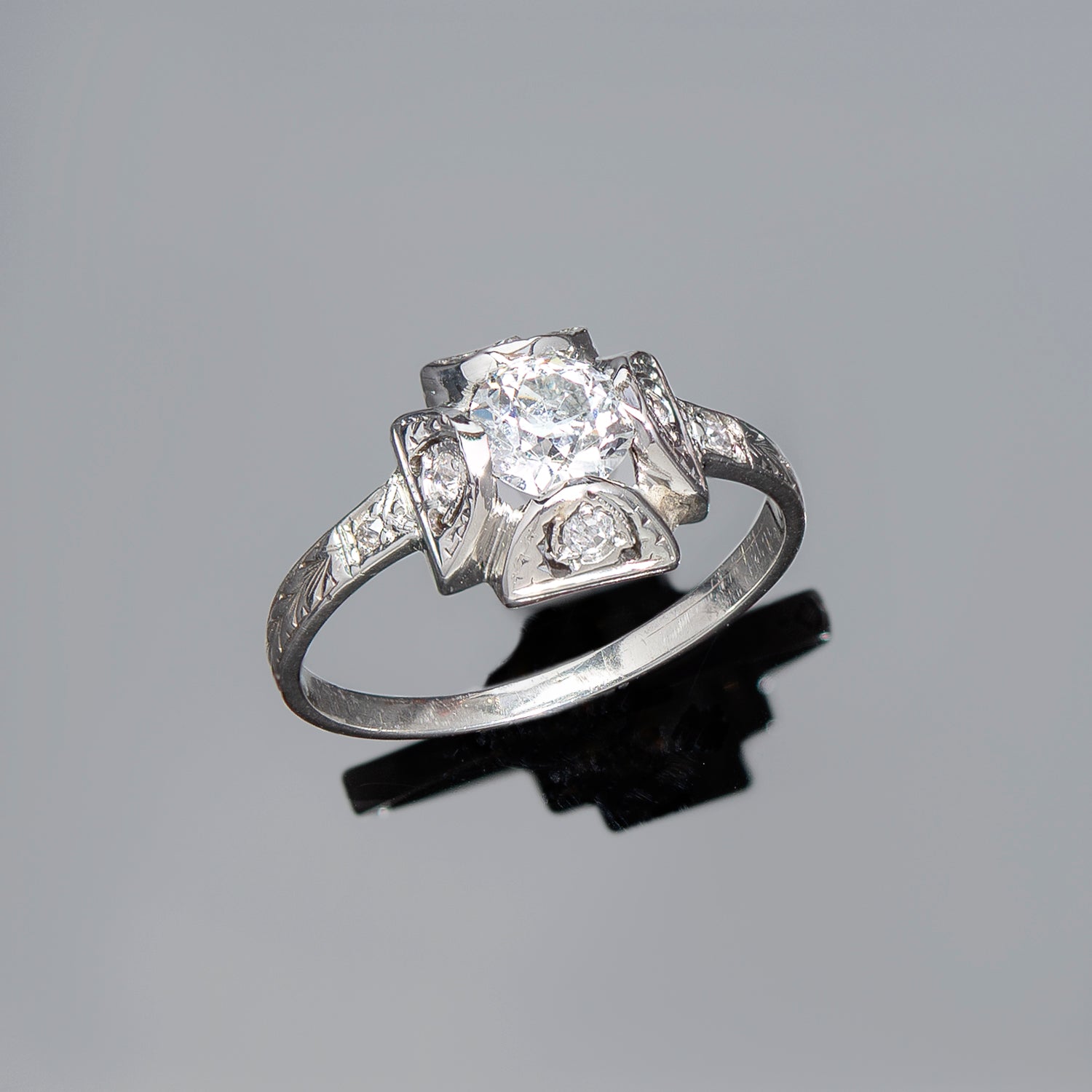 Art Deco 18K Diamond Engagement Ring 0.65ct