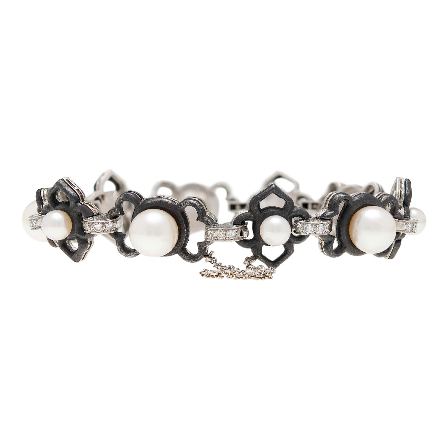 MARSH & COMPANY Vintage Platinum + Steel Pearl + Diamond Link Bracelet