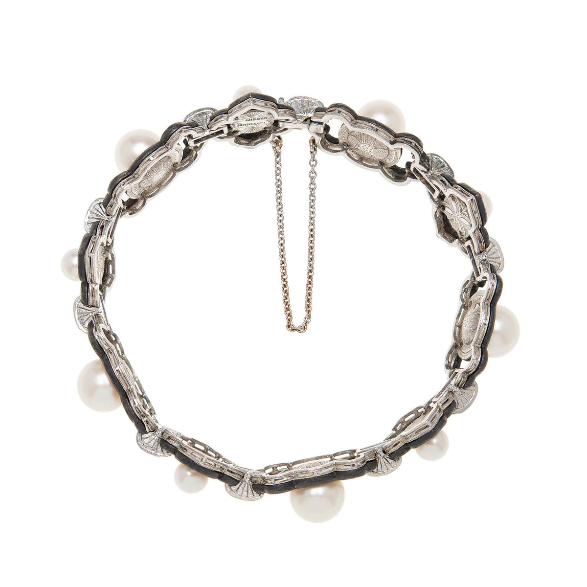 MARSH & COMPANY Vintage Platinum + Steel Pearl + Diamond Link Bracelet