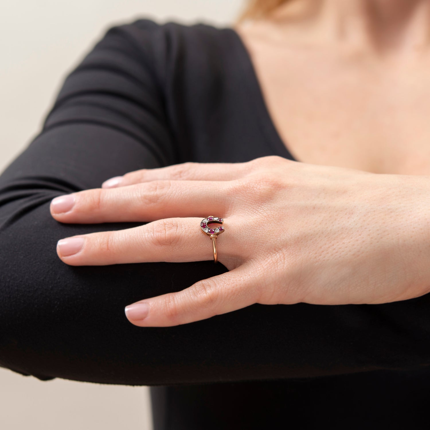 Victorian 15k Diamond + Ruby Horseshoe "Good Luck" Ring