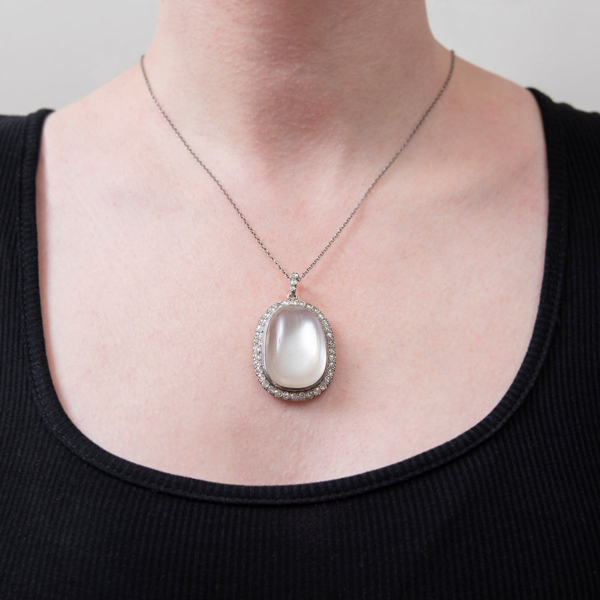Large Edwardian Rose Cut Diamond & Sterling Moonstone Pendant