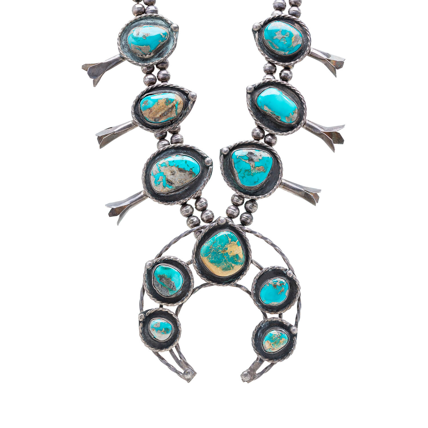 Retro Coin Silver + Turquoise Squash Blossom Necklace