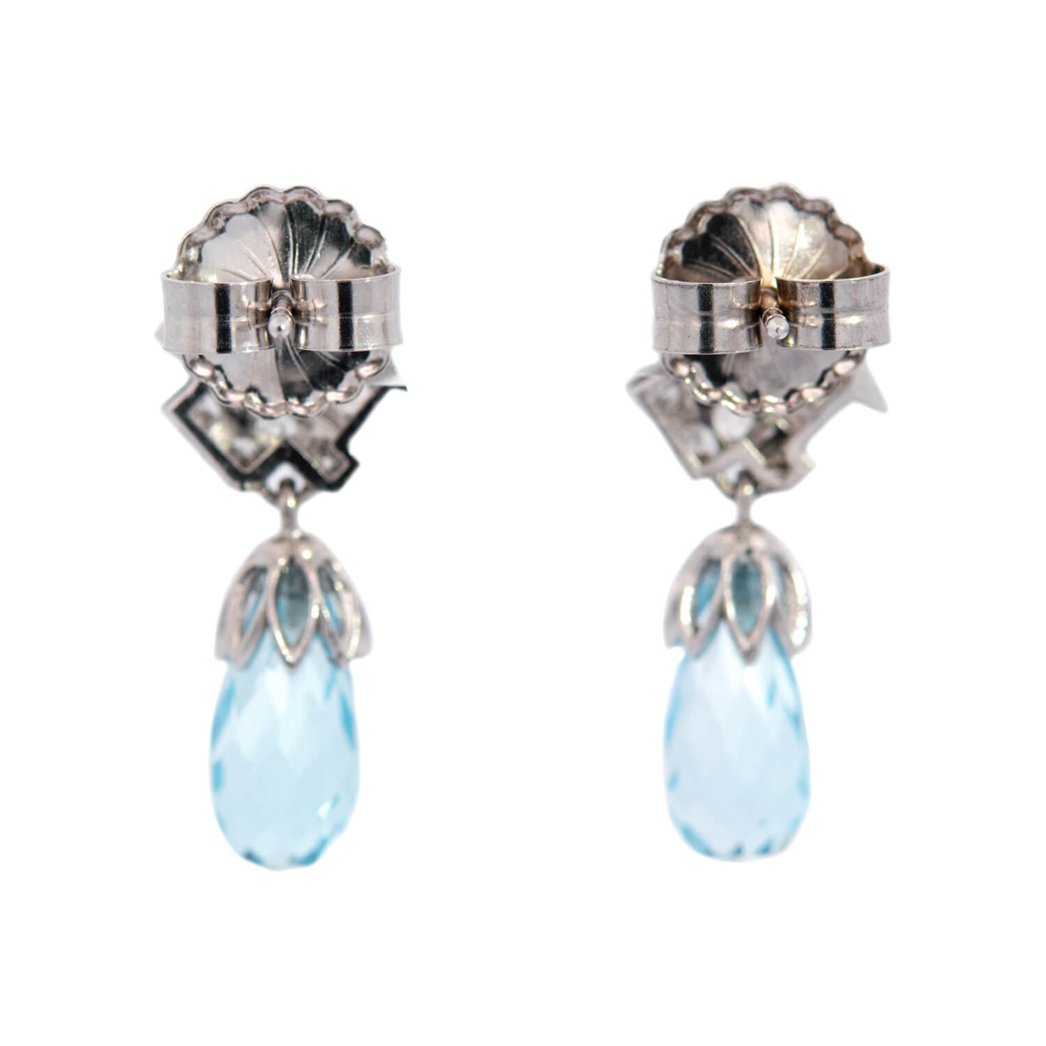 Late Art Deco Platinum Aquamarine Briolette + Diamond Earrings