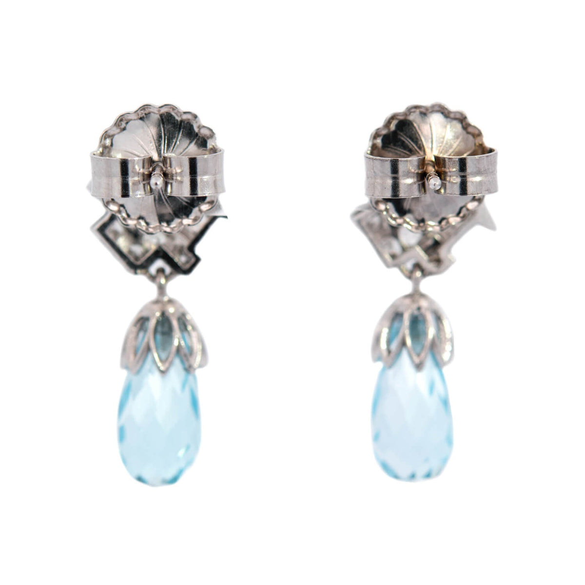 Late Art Deco Platinum Aquamarine Briolette + Diamond Earrings