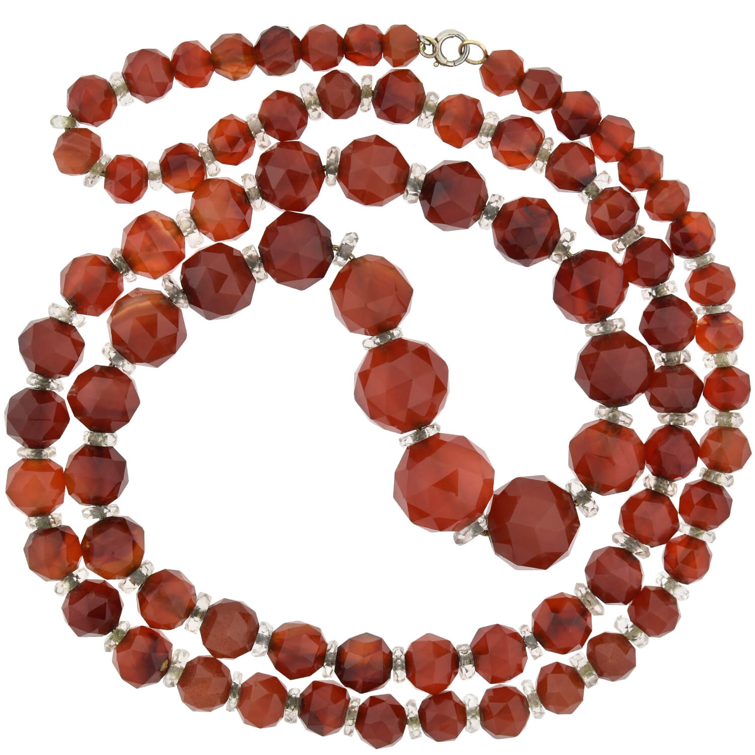 Art Deco Faceted Carnelian + Rock Crystal Graduated Bead Necklace 28.5"