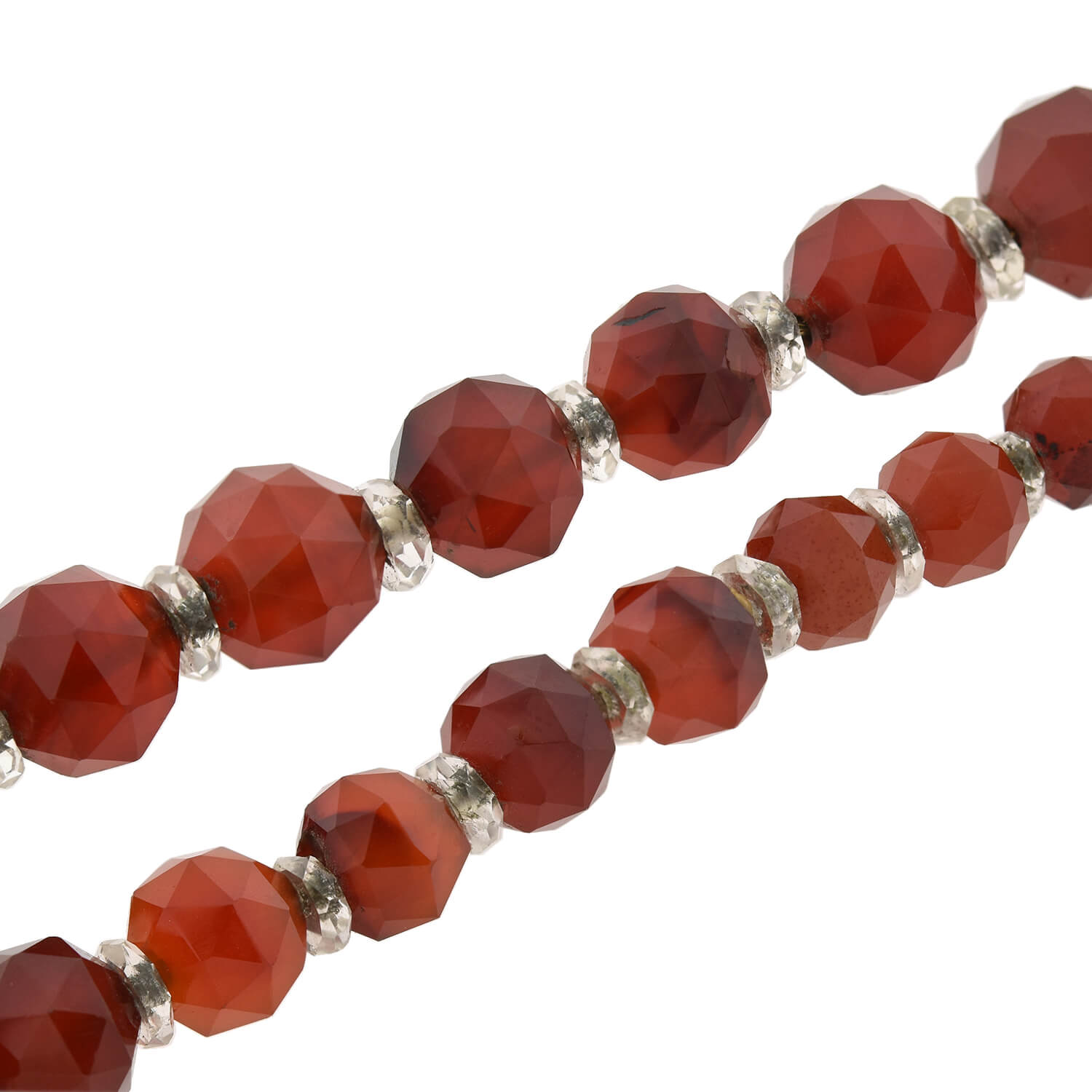 Art Deco Faceted Carnelian + Rock Crystal Graduated Bead Necklace 28.5"